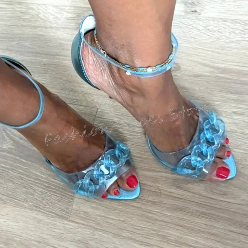 블루 PVC 체인 장식 샌들, 포인티드 토 스틸레토 하이힐, 여성용 섹시 힐, 2025 신상 여성 신발