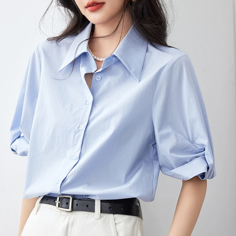 QOERLIN Womens Button Down Shirt Half Sleeve Dress Shirts Elegant Office Ladies Casual Blue Shirt Solid Work Blouse Tops Fashion