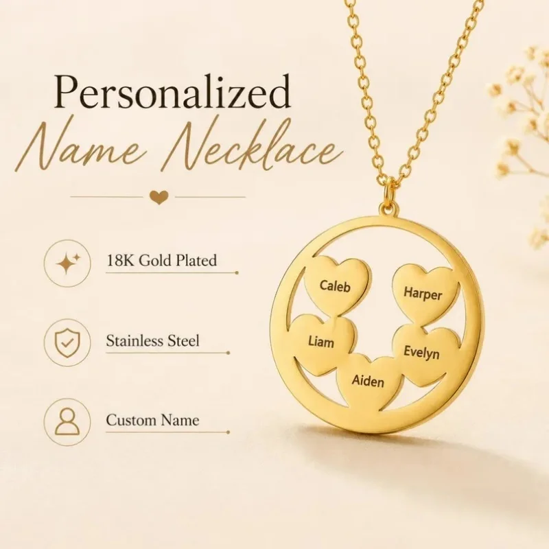 Engraved Family Heart Name Necklace, Custom Personalized Names Pendant ,  Stainless Steel Jewelry, Gift for Mom Grandma Her