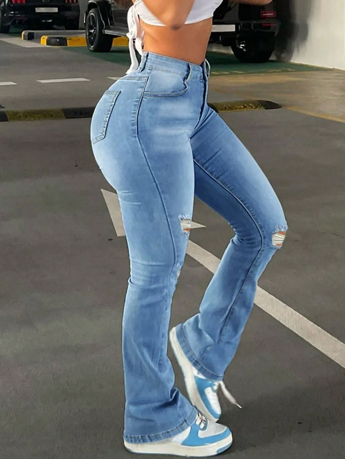 WGXWGX Women's High-Waisted Distressed Flare Jeans Ripped Denim Retro 70s Style Stretch Fabric Trendy Bell-Bottom Pants