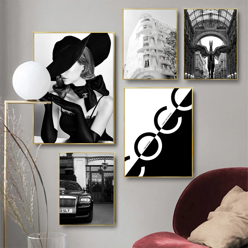 

Fashion Woman Poster Luxury Car Bike Funny Dog Modern Black White Decorative Paintings Canvas Wall Art Photos Girl Bedroom Decor