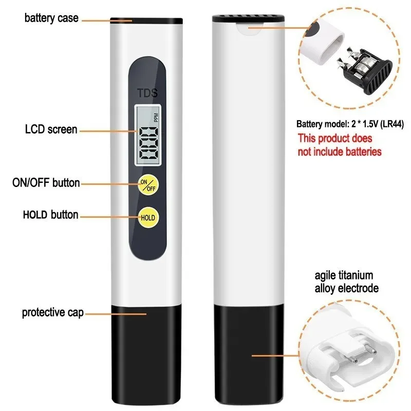 TDS Water Quality Test Pen LCD Digital Display Water Quality Analyzer 0-9990ppm for Home Tap Water Quality Test