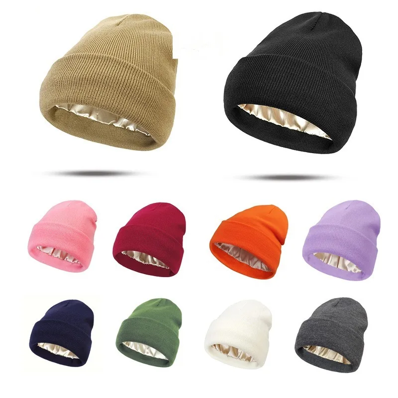 Satin Lined Anti Static Beanie for Women Winter No Static 2 Layer Knitted Hat Silk Satin Bonnet Hair Cover Sleep Cap SkiSkullies