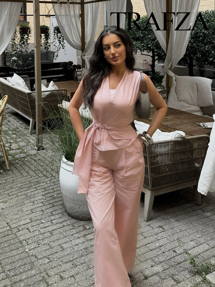 TRAFZA Women Fashion Suit Pink V Neck Sleeves Bow Decorate Zipper Asymmetrical Tops+High Waist Zipper Wide Leg Pants Female Set