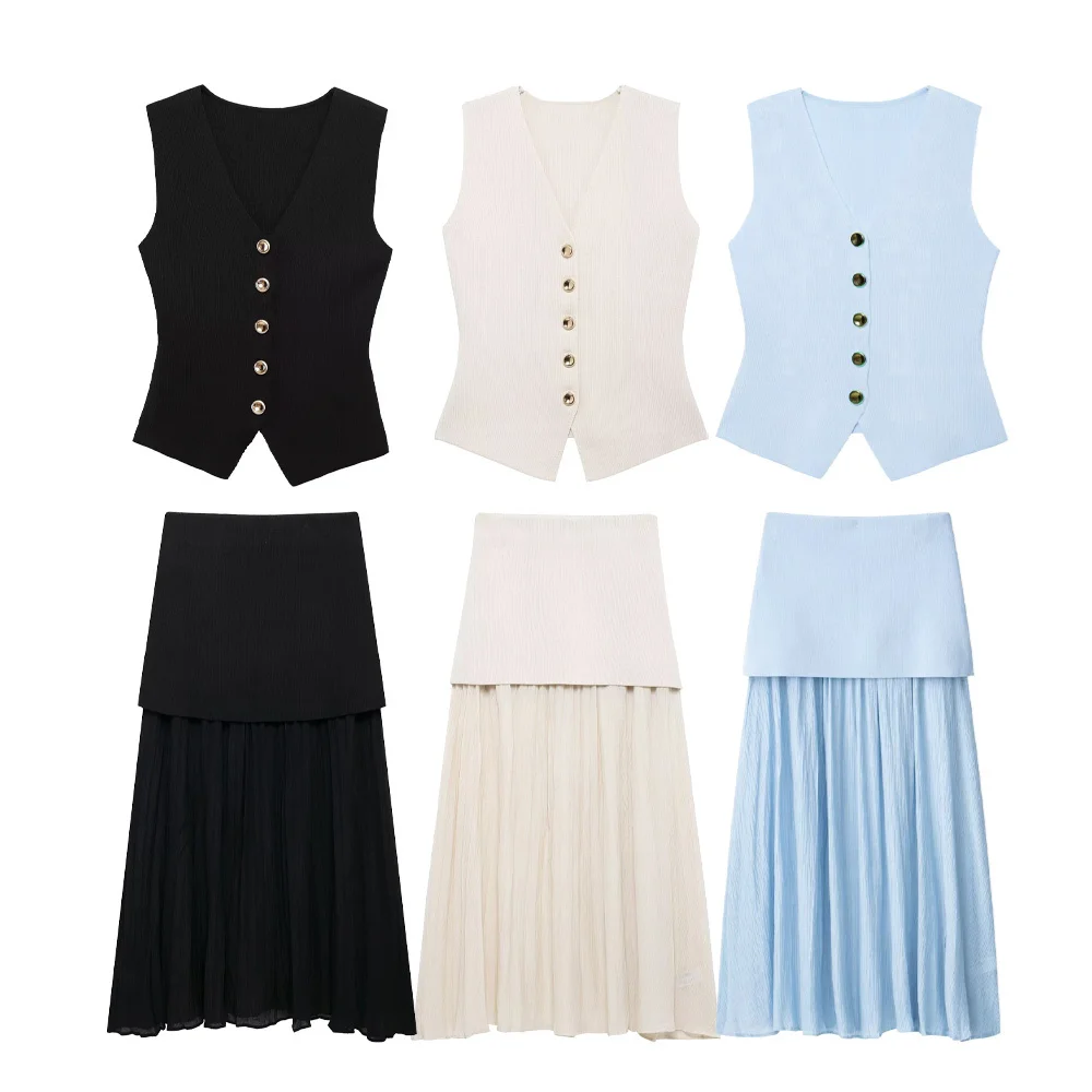 

UNIZERA женская мода на пуговицах вязаная майка юбка сплошной цвет украшения весна/лето новый продукт женская одежда