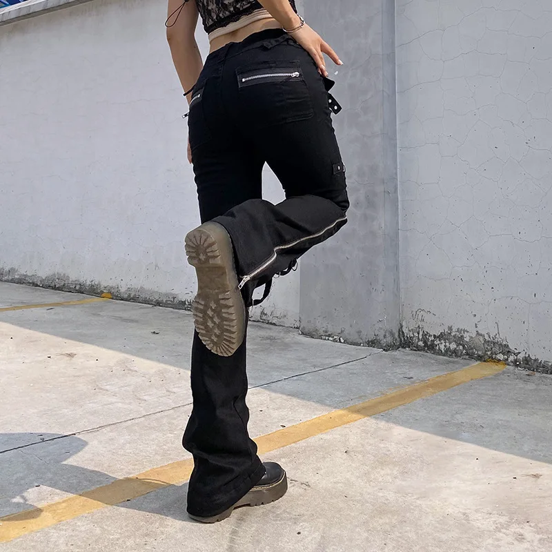 Dunkler Punk y2k Grunge niedrige Taille Emo Jeans Einkaufs zentrum Gothic Frauen schwarz Patchwork Elektro hose Mode Streetwear Alt Kleidung