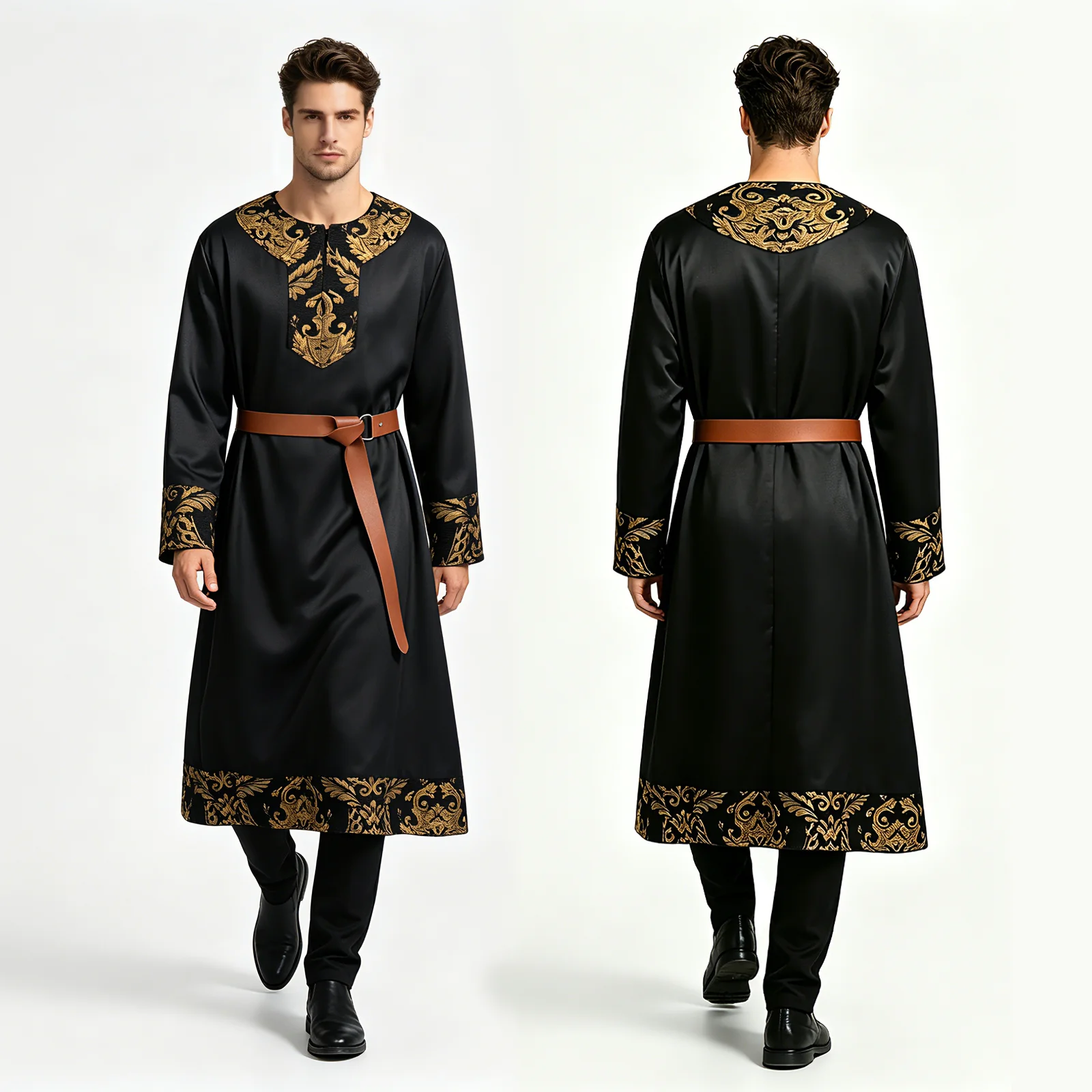Túnica Medieval Renacentista para Hombre, Vestido Largo con Cinturón y Estampado Barroco Dorado Vintage, Disfraz Gótico Retro para Cosplay
