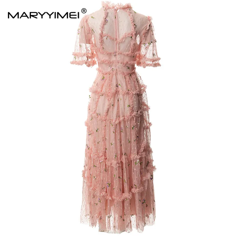 MARYYIMEI Fashion Designer spring Summer Women's O-Neck Short-Sleeved Lace Striped embroidery Mesh Pink Dresses