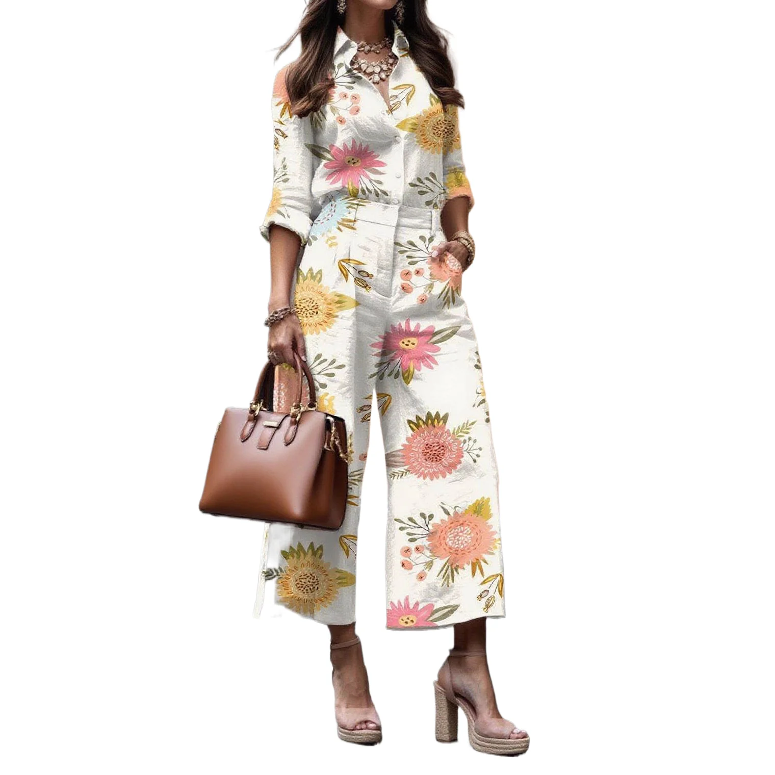 

Fashion Printed Two Piece Set Casual Lapel Single Breasted Shirt High Waist Wide Leg Pants Set Elegant Women Clothing