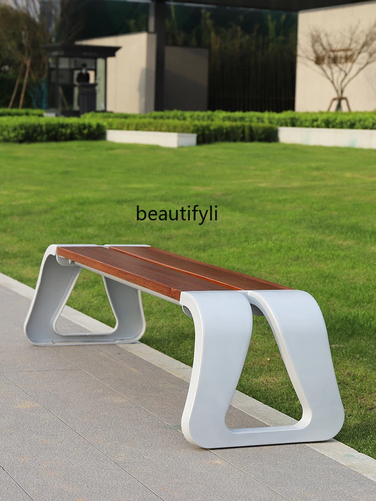 Park Bench Outdoor Bench Cast Aluminum Public Seat Square Garden Chair Solid Wood Outdoor