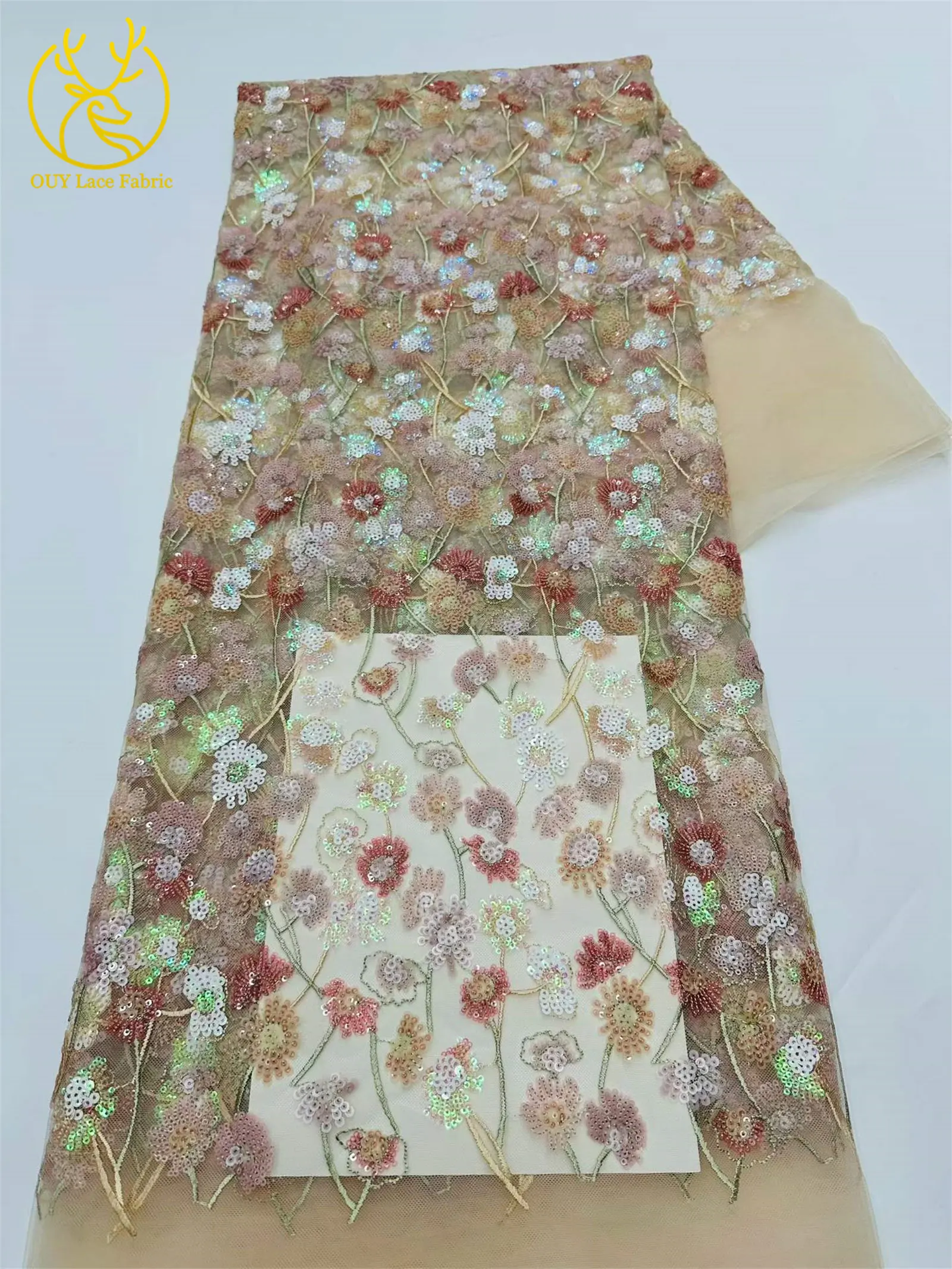 Luxuriöser afrikanischer Pailletten-Spitzenstoff, 5 Yards, hochwertige französische nigerianische Stickerei-Tüllspitze für Hochzeitsfeier, Brautkleid – Detail 8