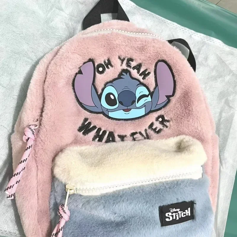 Disney Stitch Pelúcia Infantil Couro Genuíno Rosa Orelhas Grandes Alien Head Color Block Mochila