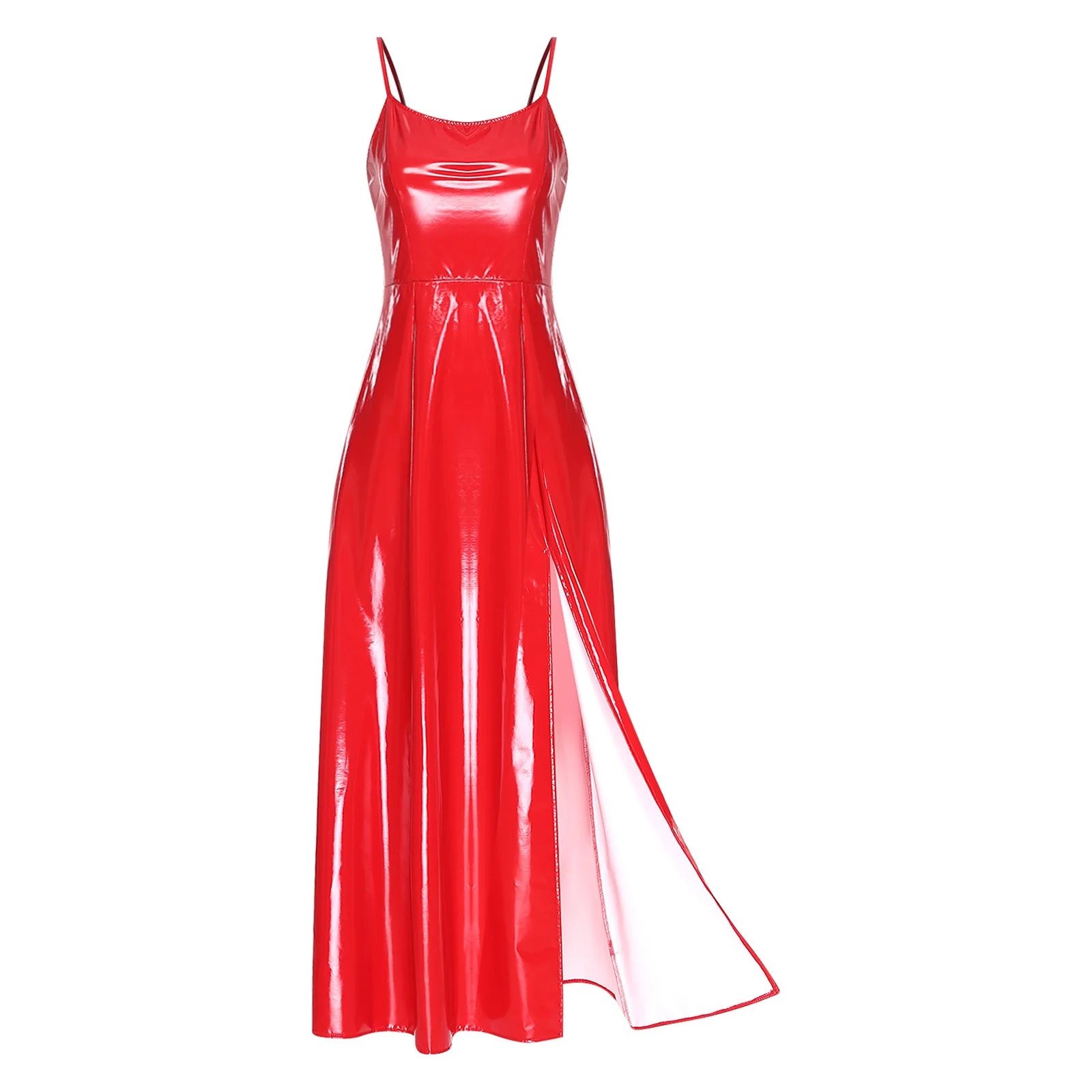 Vestido camisola brillante con abertura lateral para mujer, disfraz gótico para mujer, vestido de fiesta Maxi, vestido Punk de PU, traje de fiesta y discoteca