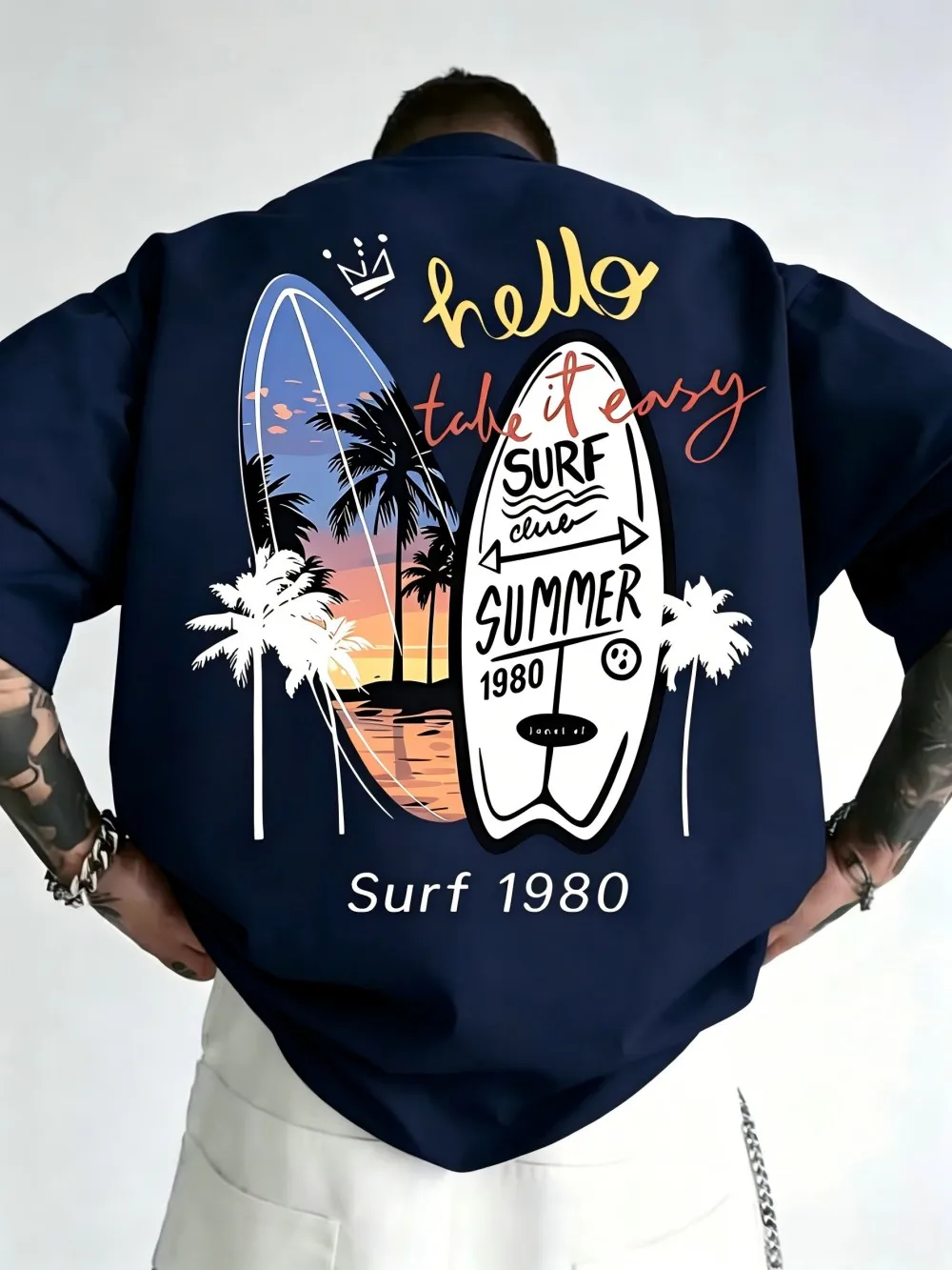 American men's summer surfboard beach scenery letter print micro elastic breathable round neck shirt outdoor casual top