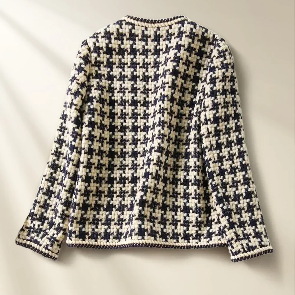 Beige Bright Silk Bright Line Decoration Plaid Vintage O-Neck Long Sleeve Women's Jacket Button Short Jackets Coat For Women