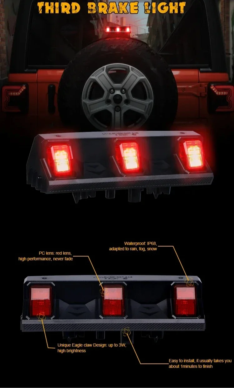 Car Led 3rd Brake Light for Jeep Wrangler JL 2018-2021 High Mount Stop Light Rear Spare Tire Light Warning Lamp Accessories detail image 1