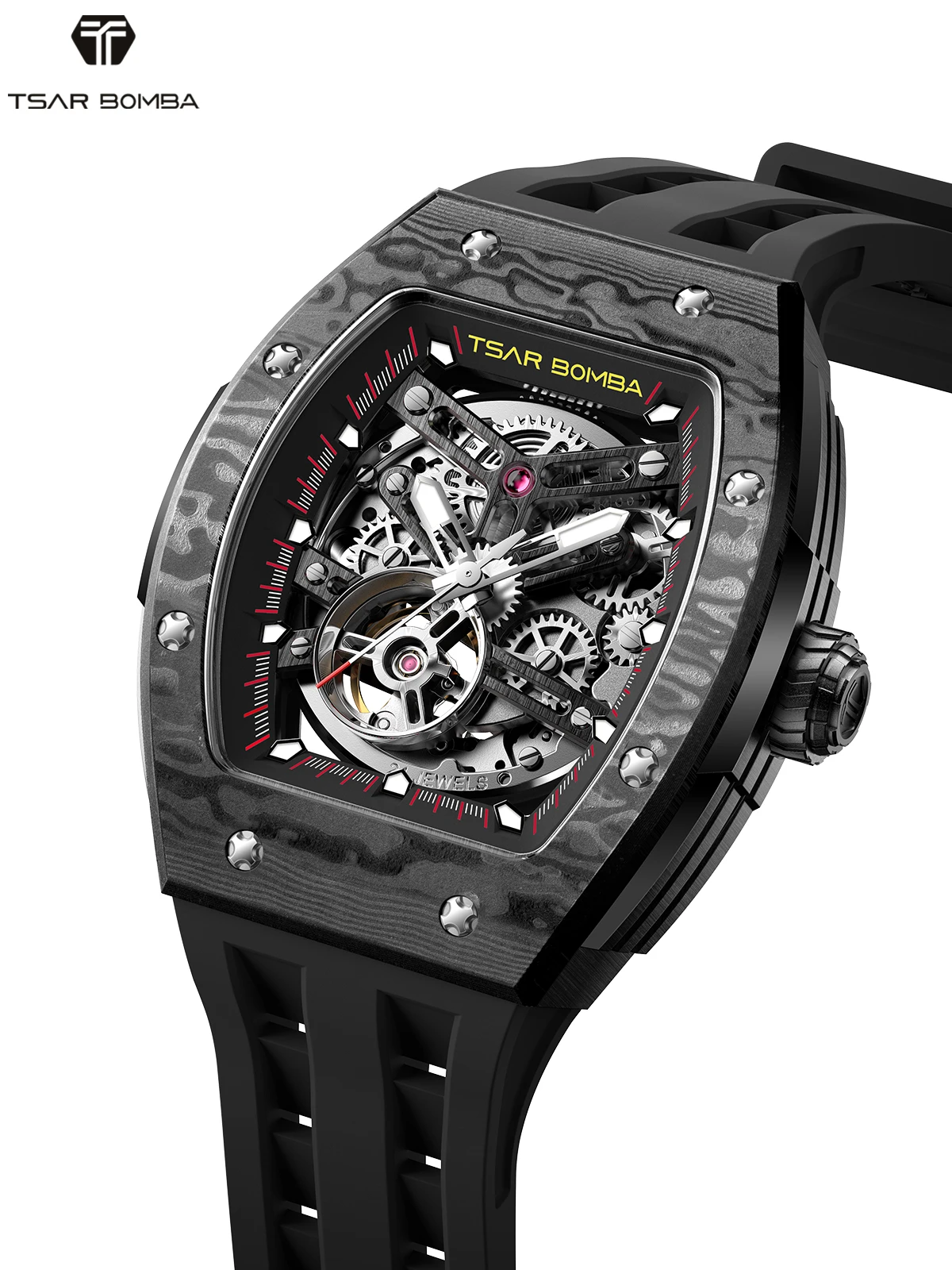 

TSAR BOMBA Luxury Men Automatic Mechanical Watch Miyota 316L Steel Carbon Fiber Sapphire 50M Water Resistant Skeleton Luminous