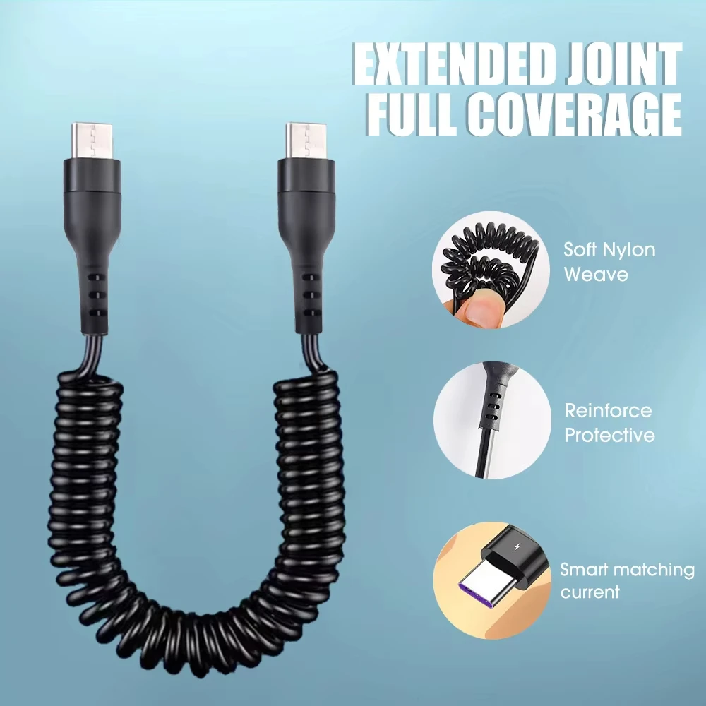 NNBILI 60W C-C Fast Charging Cable 5A Spring Telescopic Car Charger Cable High Speed Charging Data Cable Phone Accessories ﻿