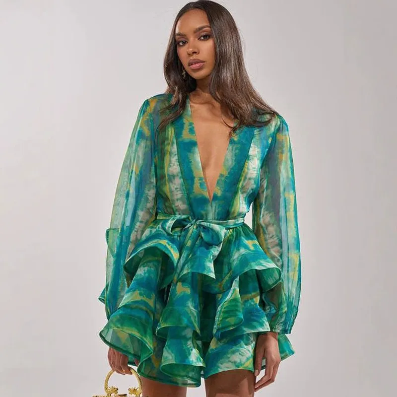 tie dye print cascading ruffles mini cake dress lace up sash women sexy v-neck full sleeve slim casual vacation outfit stretwear