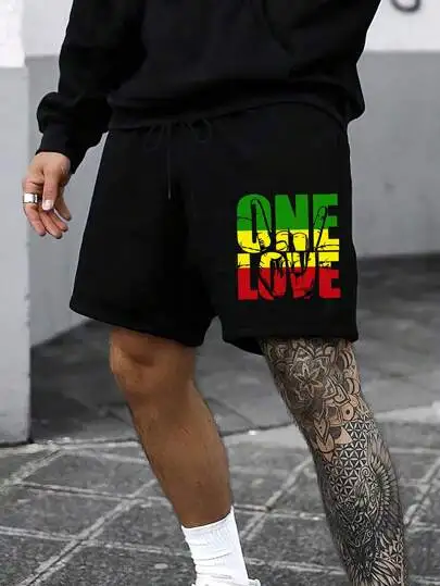 

Men's ONE LOVE Tropical Beach Print Casual Shorts - Adjustable Drawstring Waist & Pockets, Loose Washable Summer Swim