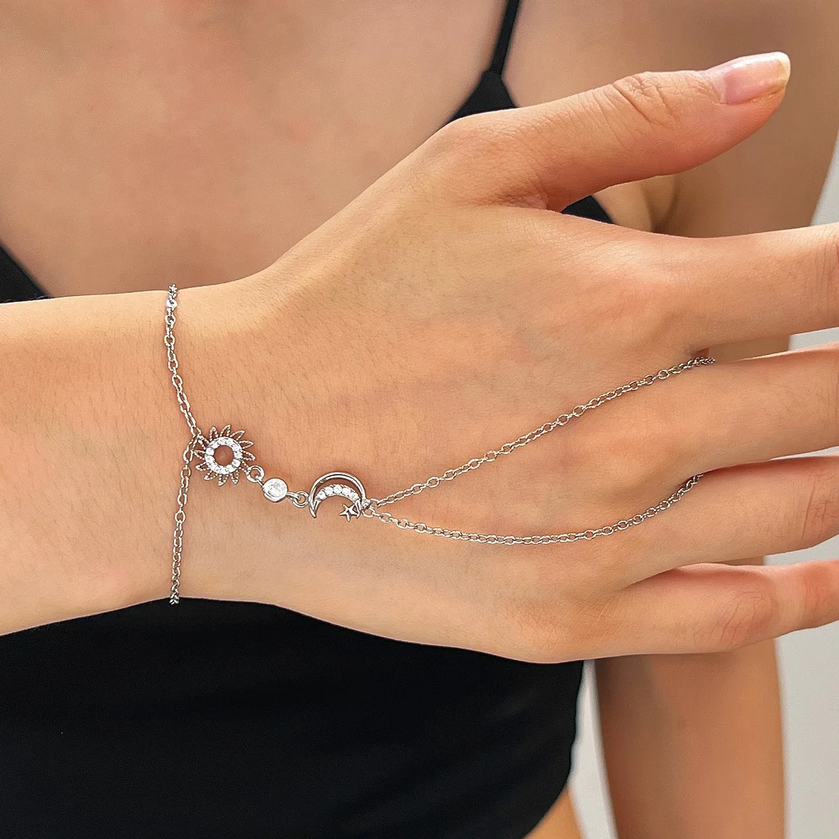 Sun Moon Zircon Jewelry Set for Women Gold Color Dainty Crystal Charm Bracelet Necklace Daily Party Accessory Gift