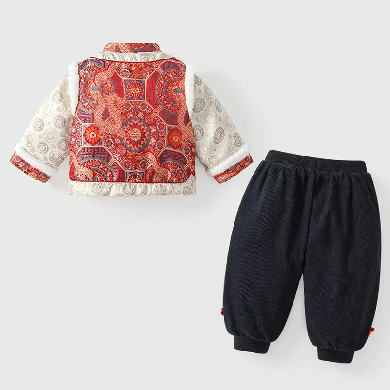 2Piece Winter Boys Clothing New Year Chinese Traditional Clothes Kids Fashion Print Long Sleeve Red Tops+Pants Baby Sets B187