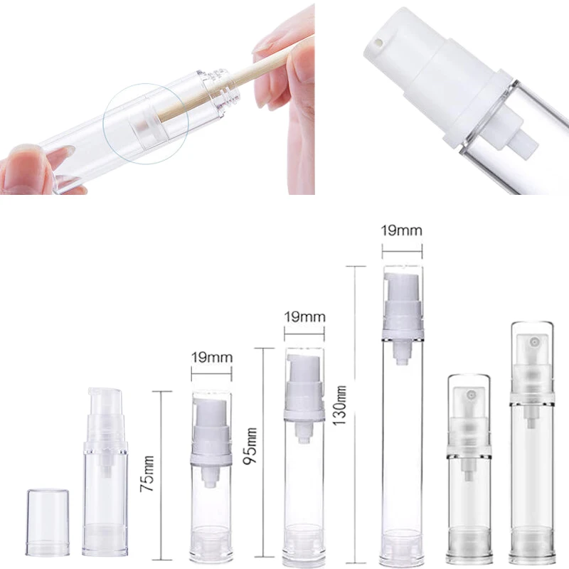 

100 шт. портативных мини-флаконов с вакуумным насосом 5/10/15 мл, безвоздушные флаконы для лосьонов, дорожные контейнеры для образцов сывороток и средств по уходу за кожей