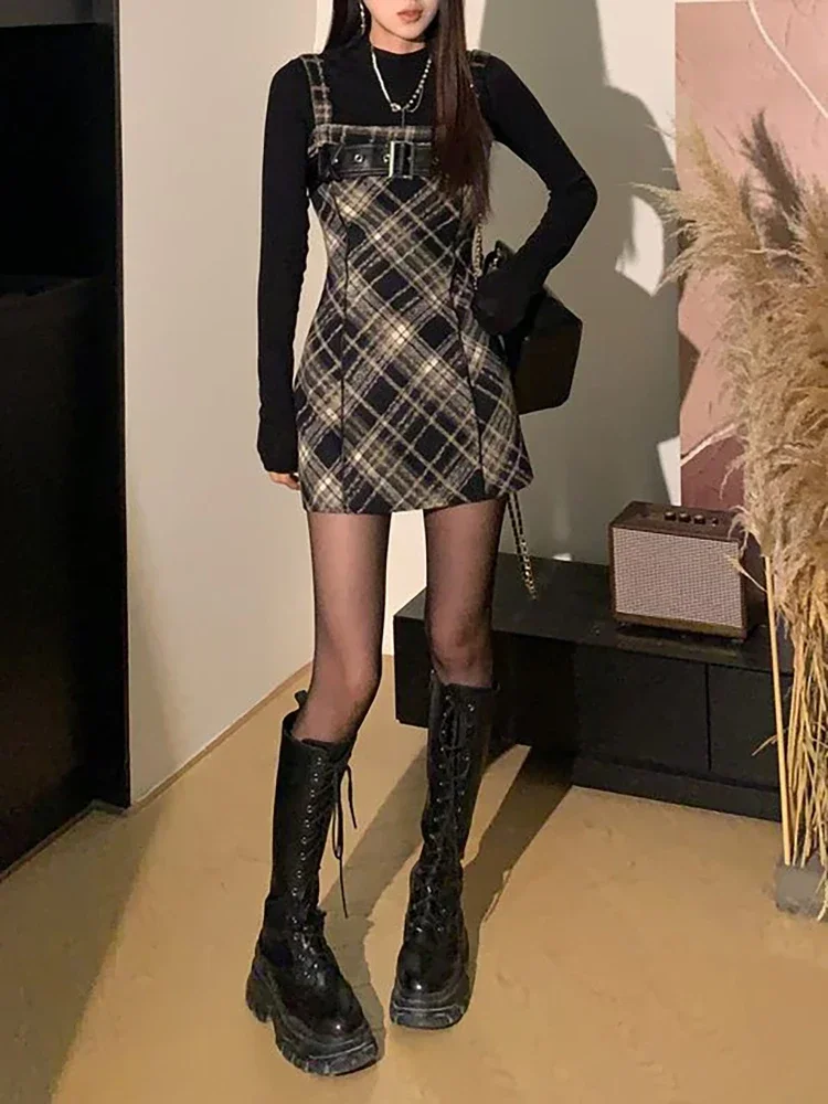 2023 Autumn Elegant Plaid 2 Piece Dress Set Women Casual Black Blouse + Vintage Slim Strap Dress Korean Fashion Dress Suits New