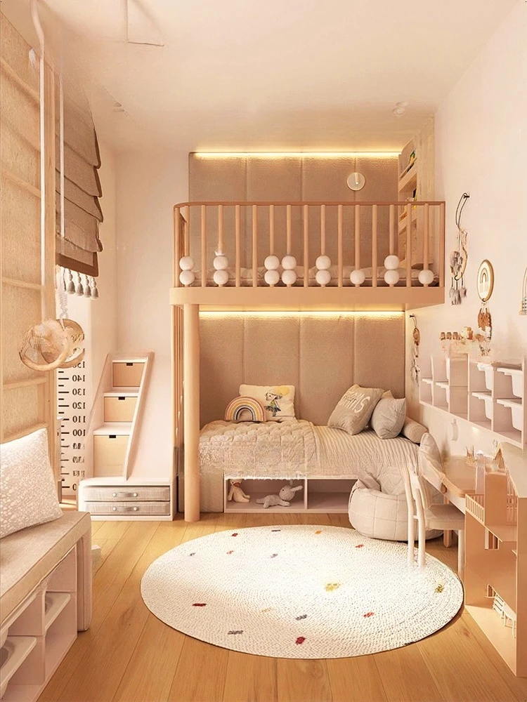 Kamar anak perempuan yang kreatif dengan tempat tidur setengah tinggi, rumah bermain bayi dengan seluncuran