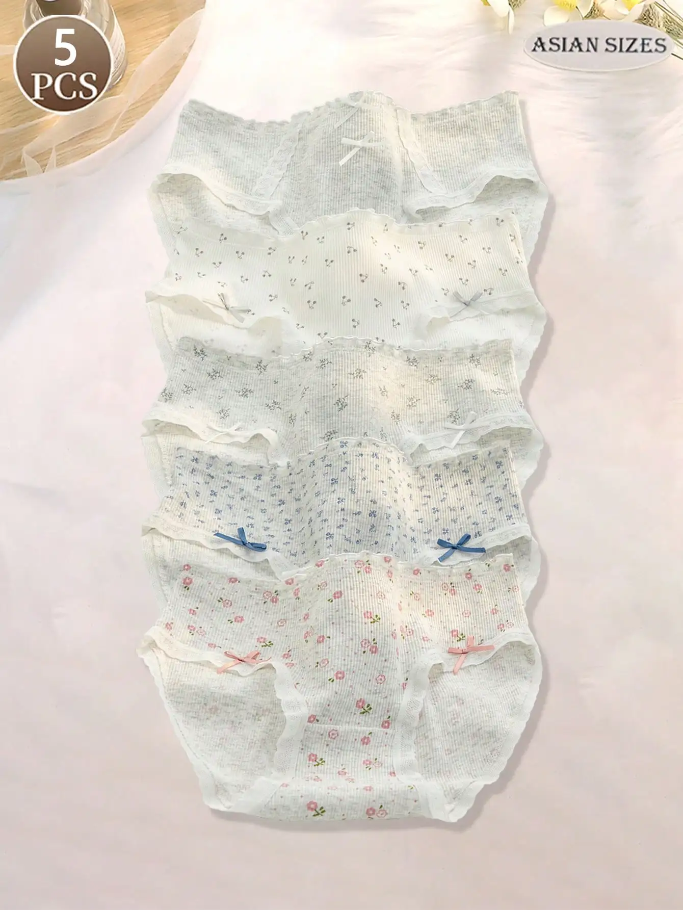 5PCS women briefs romance pants French underpants cuteness sweet knitted fabric no trace bow small floral floral mid waist femal