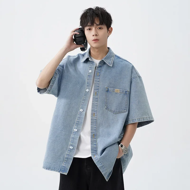 

Men New Shirt Short Sleeve Denim Washed Shirts Turn Down Collar Blouses Single Breasted Cardigan Outerwear Pockets Casual 2025