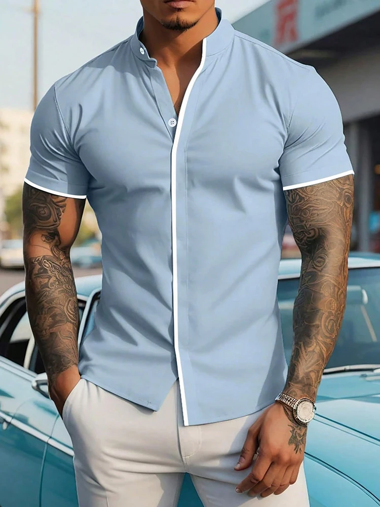 

Stylish Men's Short Sleeve Stand Collar Shirt Summer New Casual Solid Color Button-up Shirts Men Daily Leisure Breathable Shirts