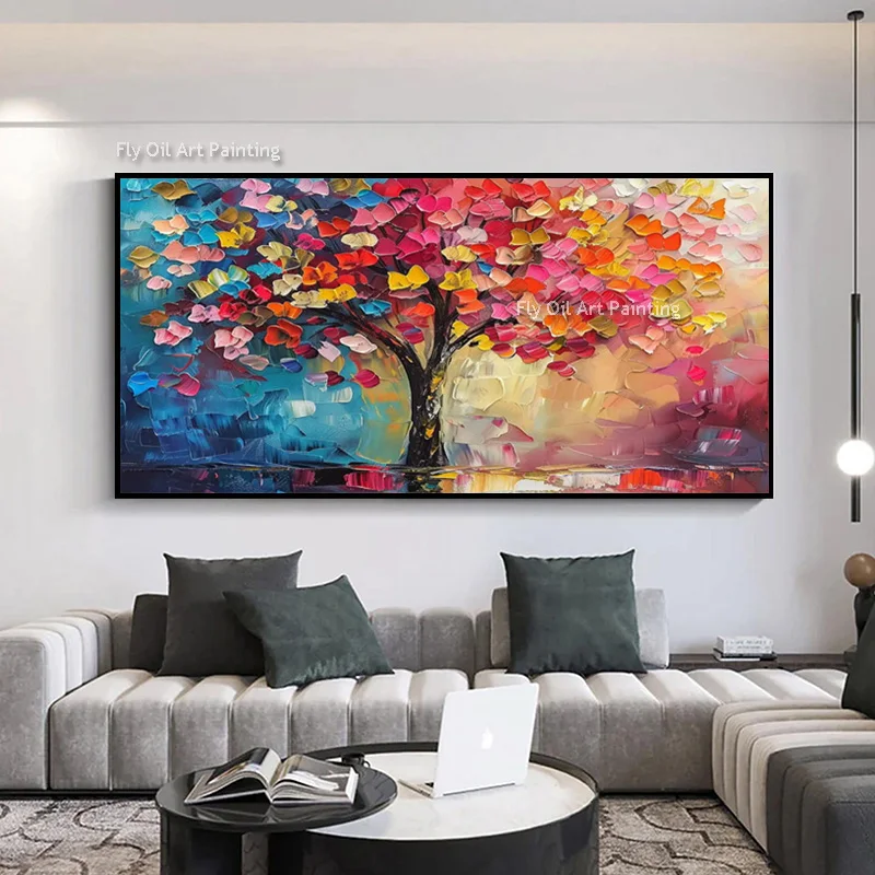New Abstract Hand Drawn Light Blue Florals Field Canvas Thick Artwork Popular Colorful Tree Landscape Oil Painting For Wall Deco