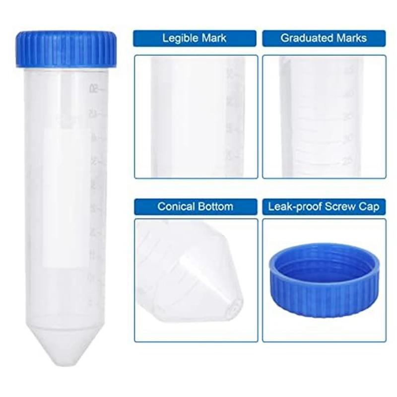 100 PCS With Graduated Marks, 50Ml Centrifuge Tubes, Transparent Plastic Write-On Spots And Blue Screw Caps