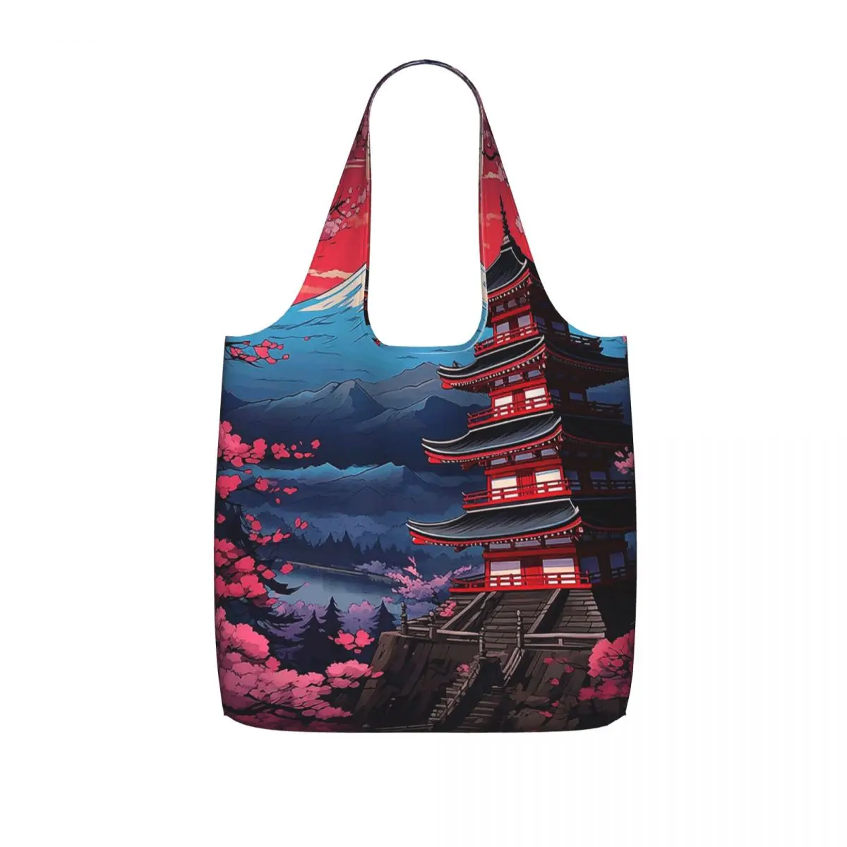 Japan Sakura Cherry Blossoms With A Red Rising Sun Shopping Tote Bag Canvas Large Capacity Shoulder Bags Shopper Grocery Handbag