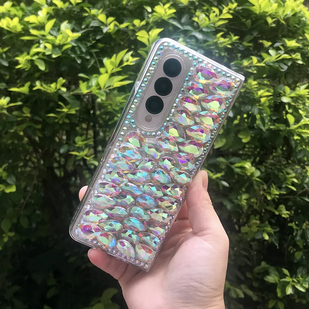 Luxo bling strass caso de telefone para samsung galaxy z fold 5 4 3 2 diy colorido gota de água diamante claro duro pc capa traseira
