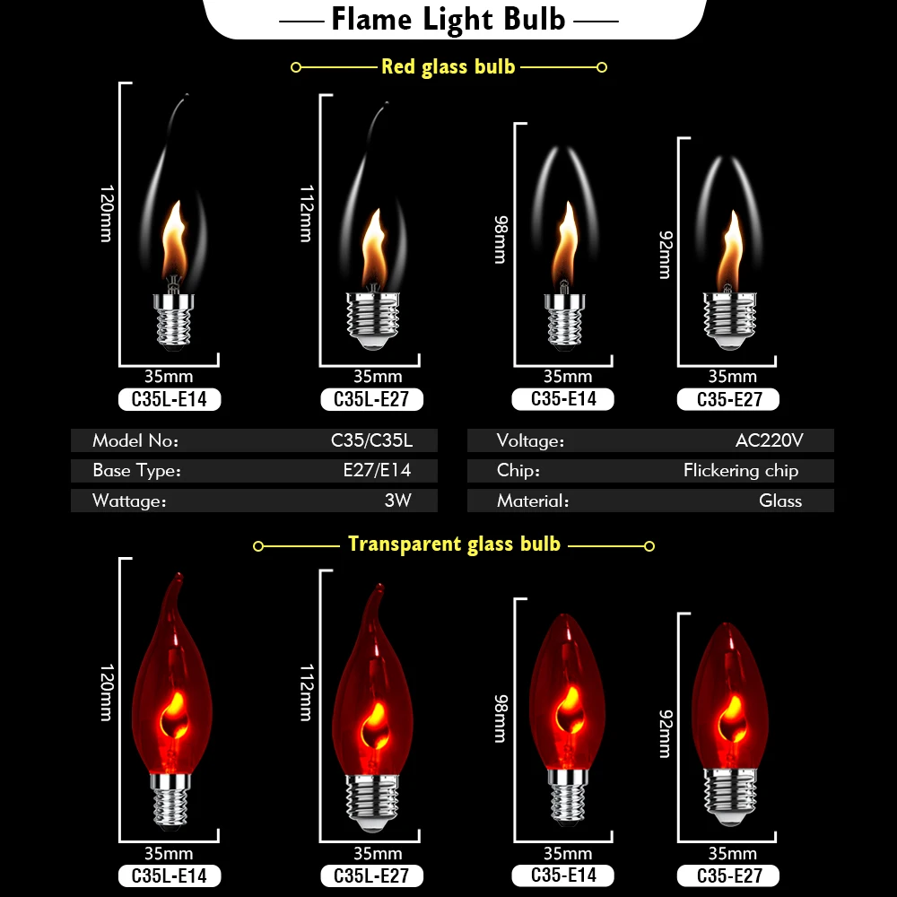 1-24PCS Edison Led Candle Light Bulb C35 C35L E14 LED Flame Effect Bulb 3W AC 220V Home for Decor Lighting Ampoule Candle Bulb