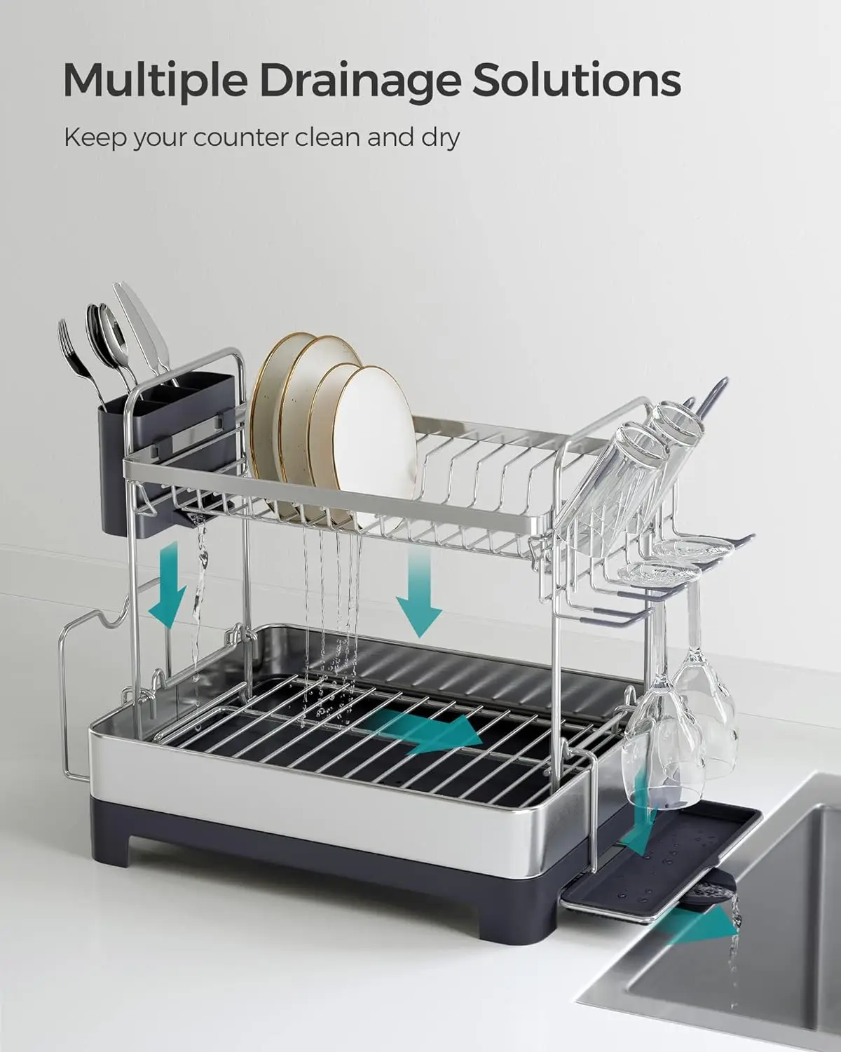 NEW Dish Drying Rack - 2 Tier Dish Rack for Kitchen Counter with Rotatable and Extendable Drain Spout Dish Drainer