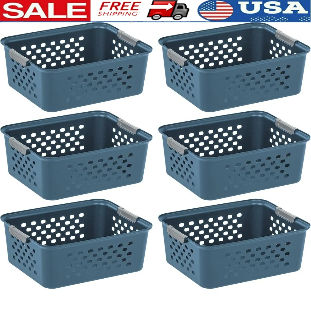 

Plastic Storage Basket 6-Pack Medium Organizer Pantry Cabinet Bedroom Closet Laundry Room Multi-Purpose Space Saver Recycled