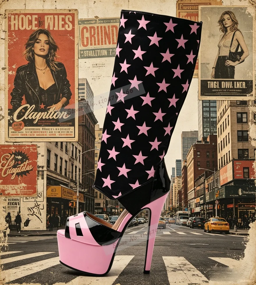 

Pink Stars Platform Knee High Sandal Boots Newest Design Thin High Heel Color Patchwork Summer Cool Boots Elegant Long Sandals