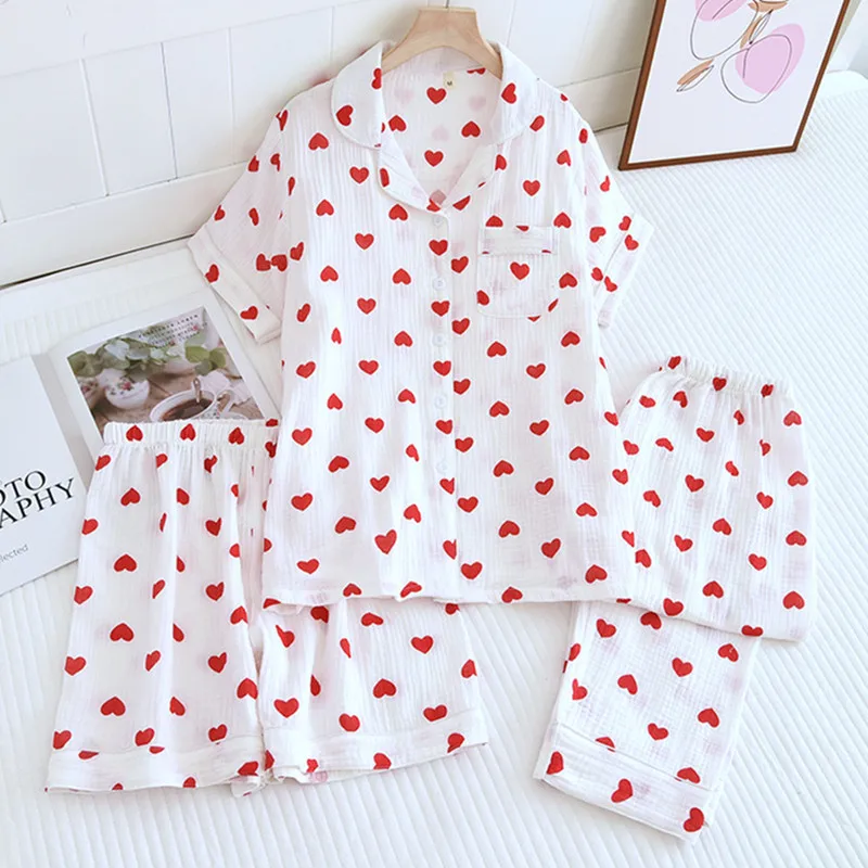 100% Cotton Pajamas Women 3Pcs Set Lounge Sleepwear Suit Spring Summer Floral Print Home Clothes Short Sleeve Sleeping Pijama