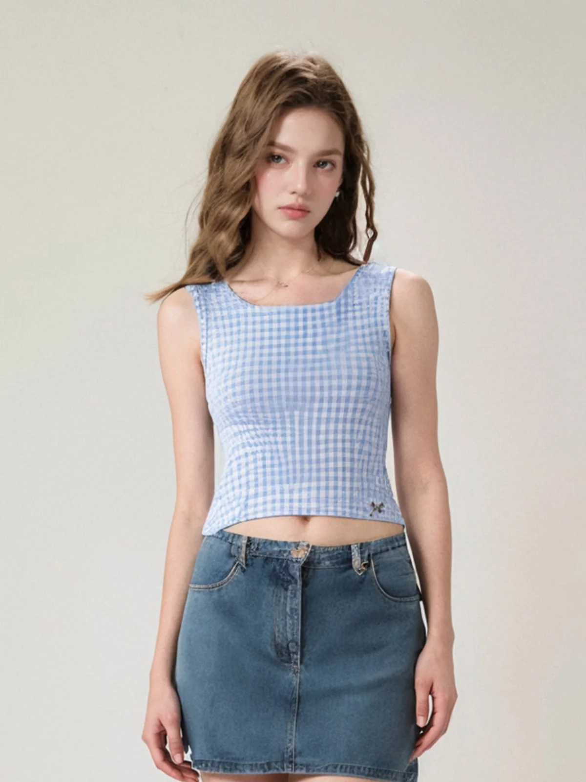 Chaleco Ajustado para Mujer, Cuello Redondo, Color Puro, Estilo a Cuadros, Ajustado a la Cintura, Nuevo Estilo Veraniego, Elegante para el Trabajo