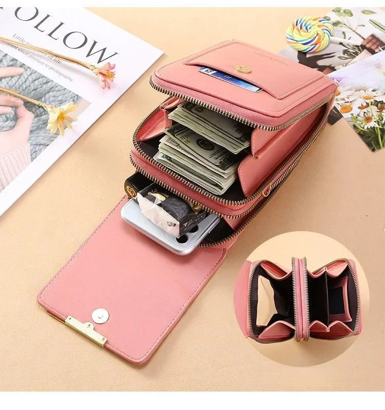 New Fashion Women Soft Leather Wallets Touch Screen Cell Phone Purse Crossbody Shoulder Strap Handbag Solid Color for Female