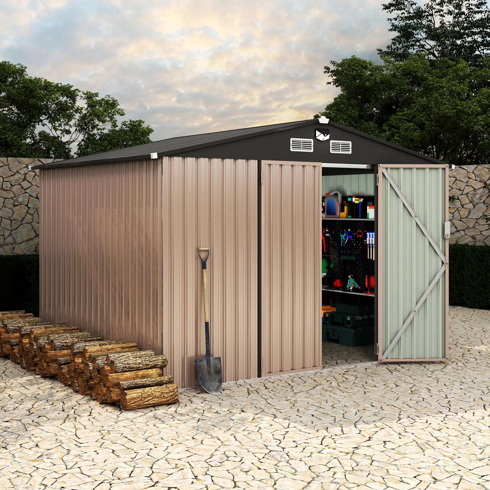 8x10 FT Metal Storage Sheds Outdoor, Metal Yard Sheds Metals Garden Shed Kit with Solar Light, MetalTool Shed with