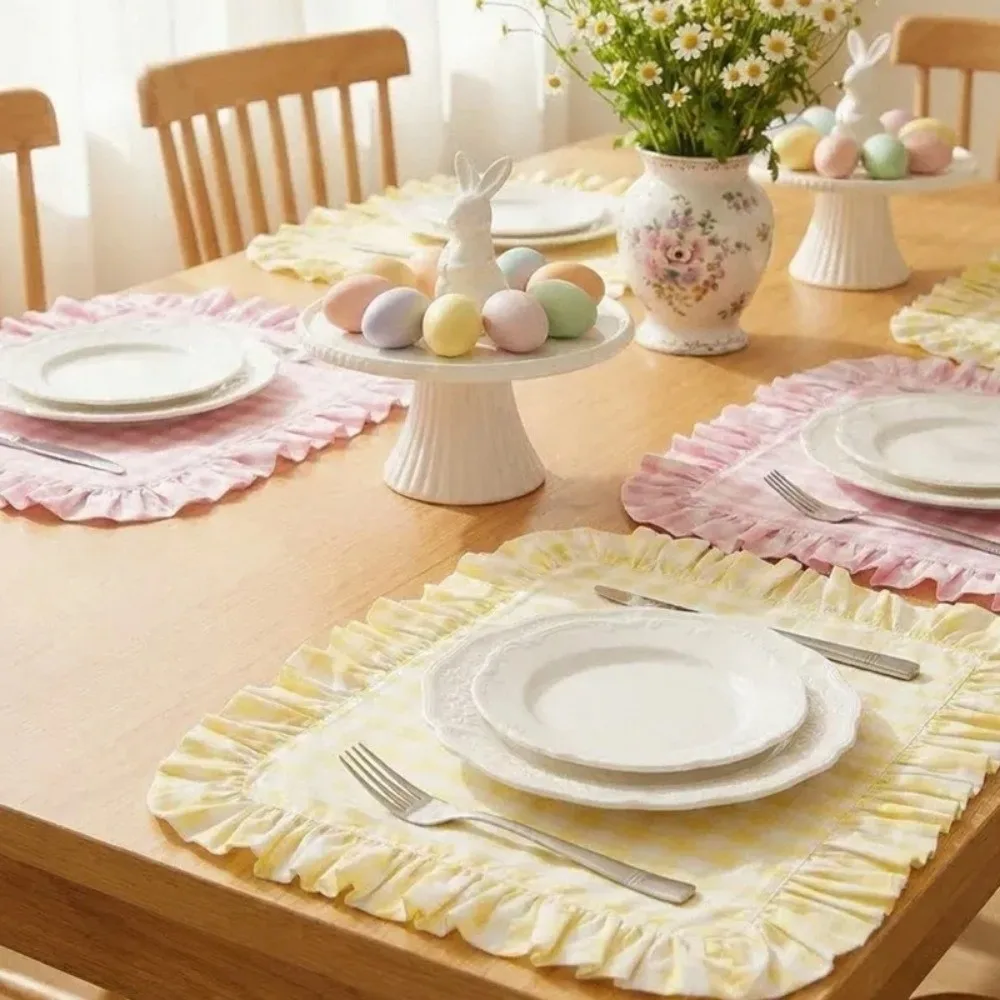 Reusable Stripe Grid Kitchen Placemat Non-Slip Heat Resistant Heat-Insulated Mat Ruffle Desk Decor Table Mat Party