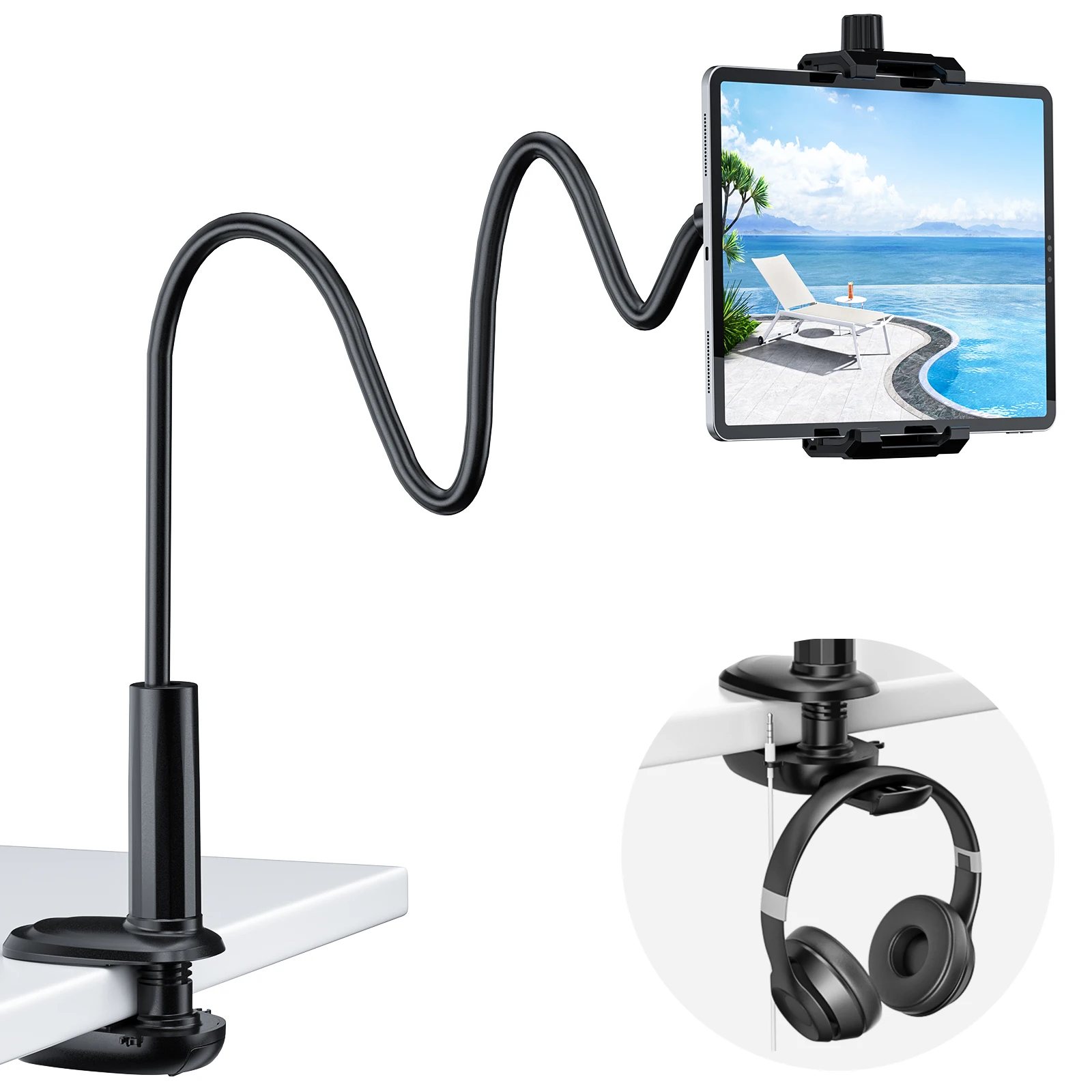 

Подставка для планшета на гибкой стойке 360° ° Регулируемый держатель для телефона и iPad для кровати и стола Гибкий зажим для крепления на руку для iPad Pro 12.9, Mini