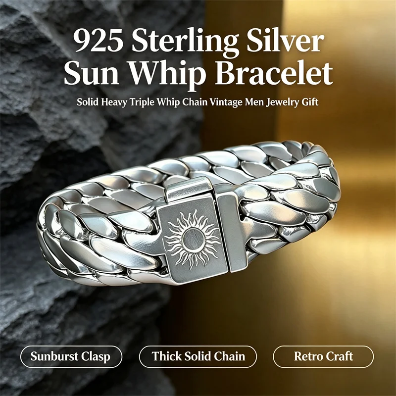 OUYADI Heavy Solid Men 925 Silver Bracelet Sun Pattern Buckle Triple Whip Chain Retro Style Fashion Wrist Gift