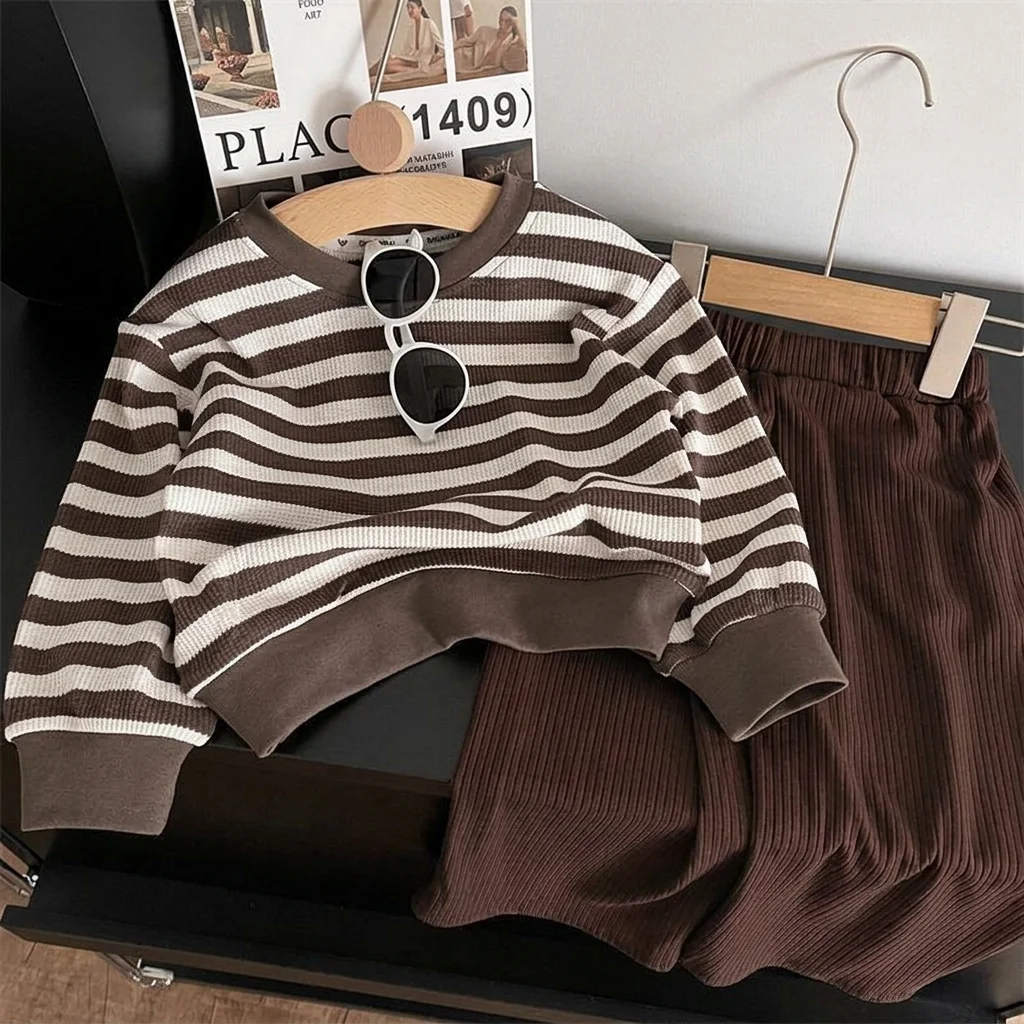 Autumn and Winter New Kids Clothes Brown Striped Casual Suit for Girls Aged 3 4 5 6 and 7 Korean Version Fashion