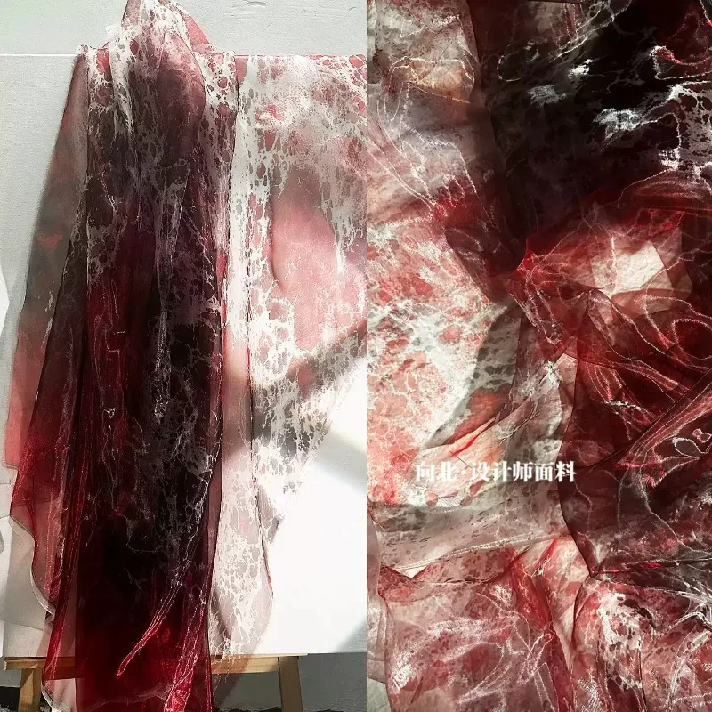 Glossy Red Eroded Vein Gradient Sheer Organza Mesh Fabric New Chinese Designer Textile for Hanfu Ancient Costume Arch Background