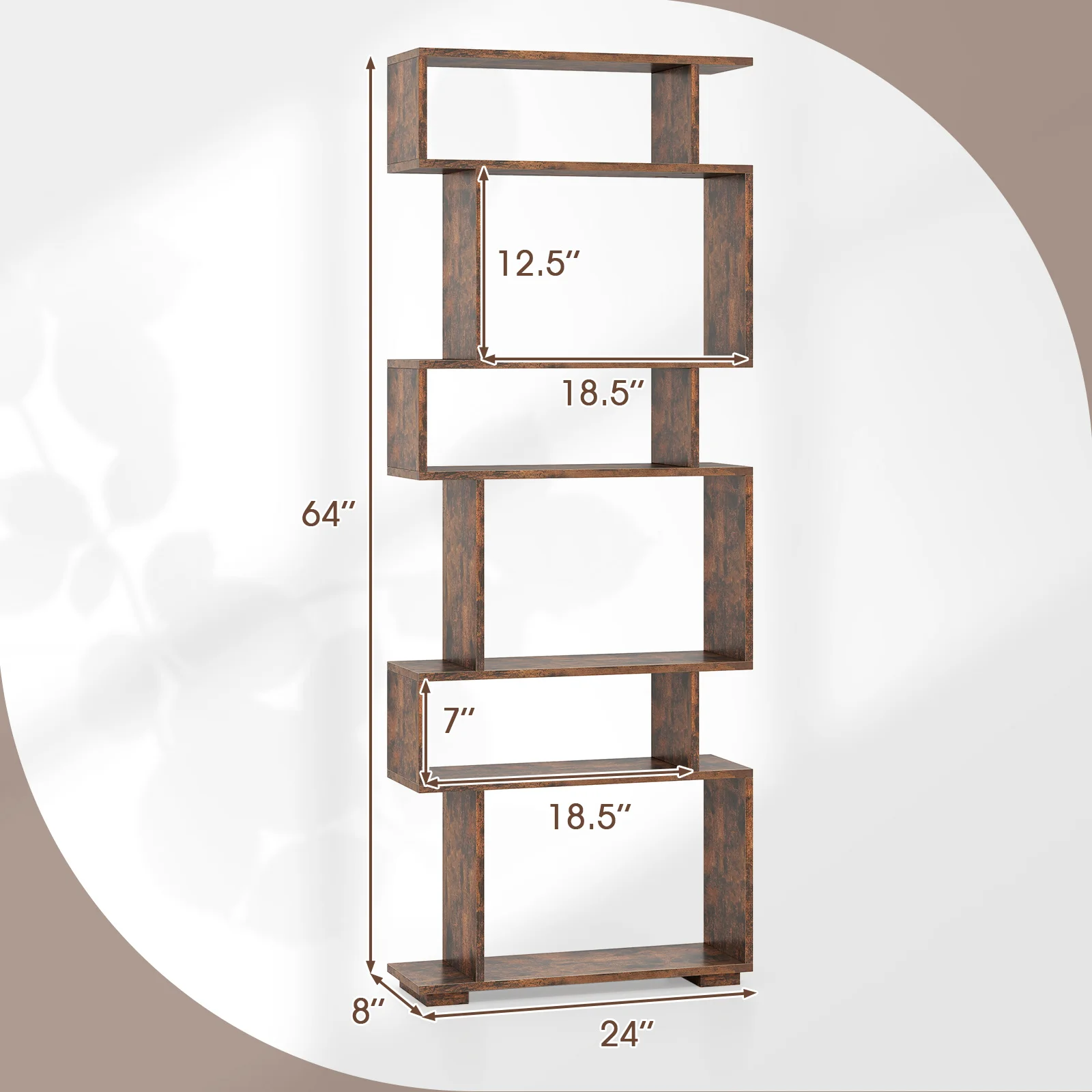 6-tier Storage Bookshelf, Tall Display Shelf w/Anti-toppling Kits, Decorative Room Divider, S-shaped Geometric Bookcase